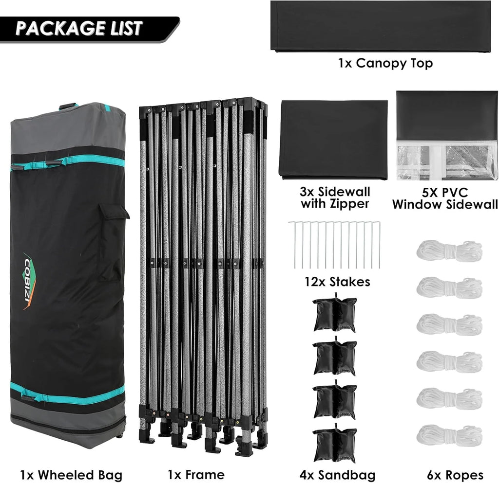 COBIZI 10x20 Heavy Duty Pop up Canopy Tent with 6 sidewalls Easy Up Commercial Outdoor Canopy Wedding Party Tents for Parties All Season Wind & Waterproof Gazebo with Roller Bag,Black(Frame Thickened)