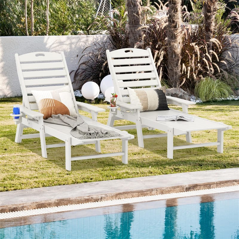 Outdoor Chaise Lounge Chair with 4-Position Backrest & Cup Holder, Weatherproof HDPE Reclining Patio Chair for Poolside, Backyard, Garden