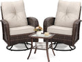 Luxury Outdoor Swivel Wicker Glider Patio Chairs with Table Set  Overstuffed Washable Cushions  Ideal for Porch  Balcony  Deck  Brown Rattan and Beige Cushion