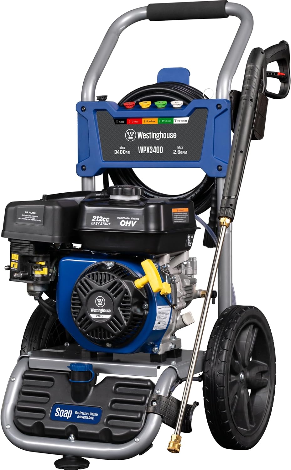 Westinghouse WPX3400 Gas Pressure Washer  3400 PSI and 2.6 Max GPM  Onboard Soap Tank  Spray Gun and Wand  5 Nozzle Set  for Cars/Fences/Driveways/Homes/Patios/Furniture