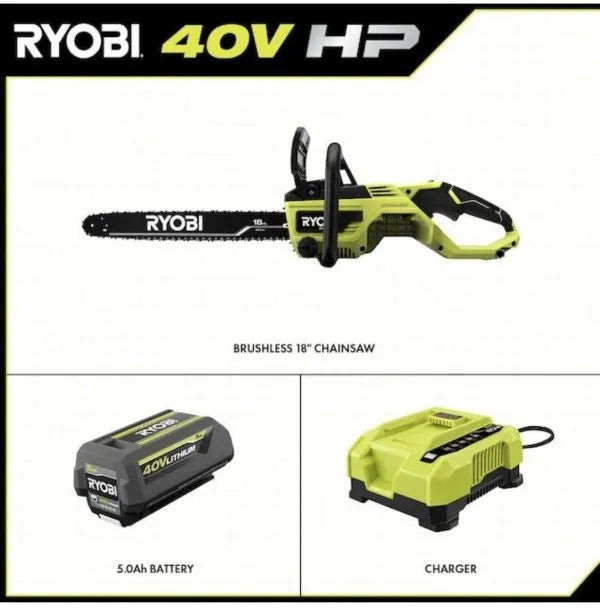 Ryobi 18′′ 40V Cordless Chainsaw Kit with Battery & Charger, Green
