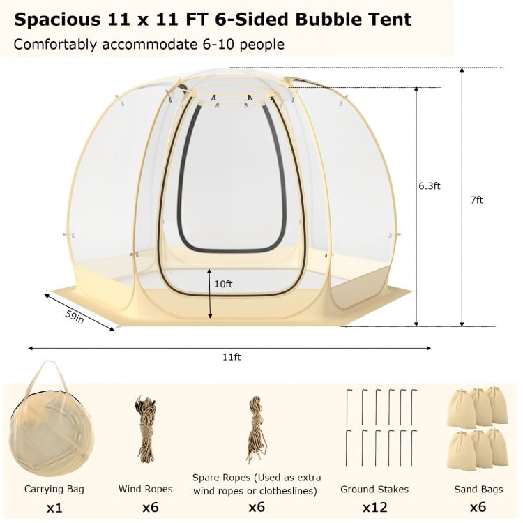 11 x 11 Feet Clear Dome Pop up Bubble Tent with Carrying Bag for 6-10 People