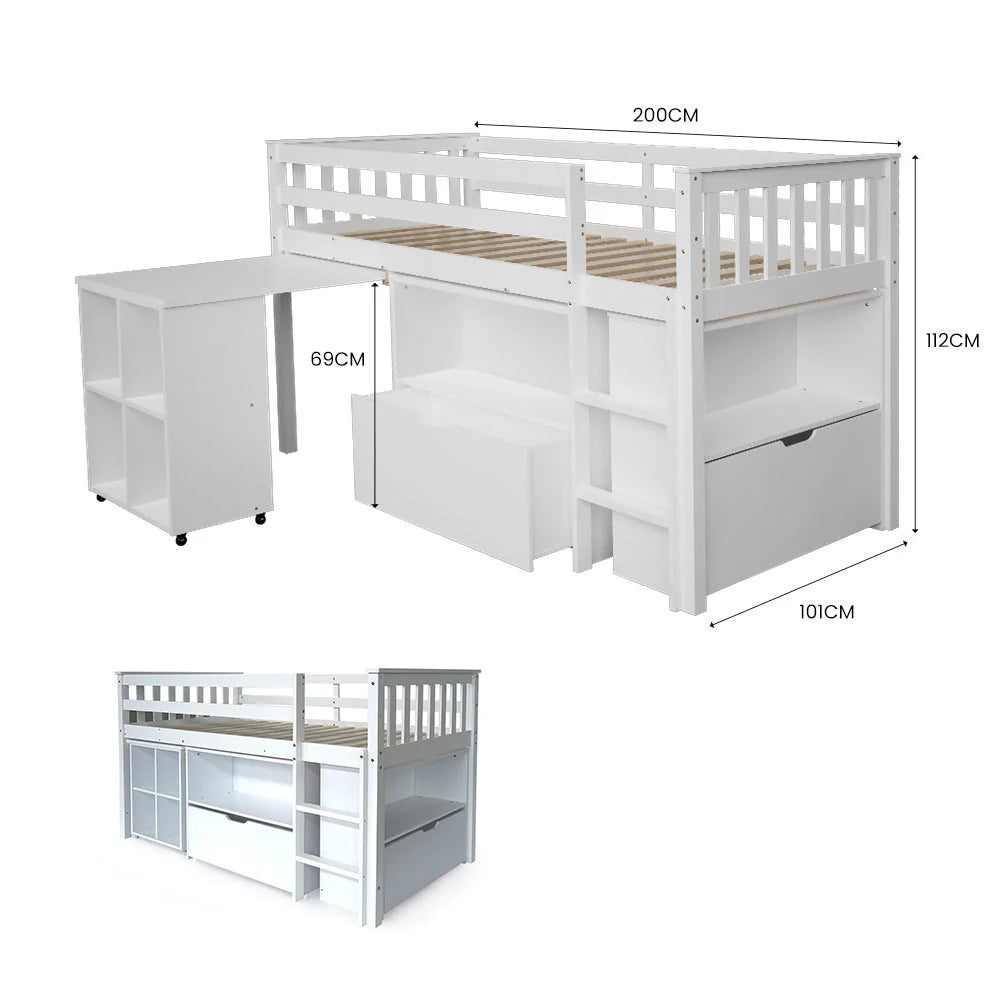 KINGSTON SLUMBER Wooden Kids Single Loft Bed Frame with Pull Out Desk, Storage Drawers - White
