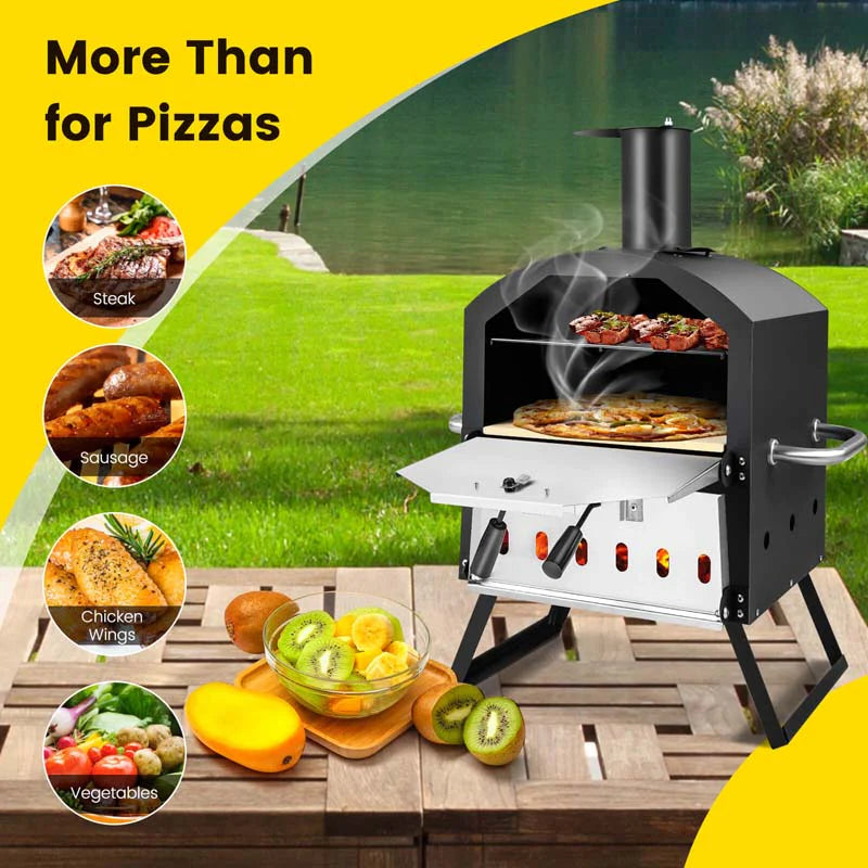 2-Layer Outdoor Pizza Oven Wood Fired for Camping BBQ, Stainless Steel Portable Grill Pizza Maker with Folding Legs