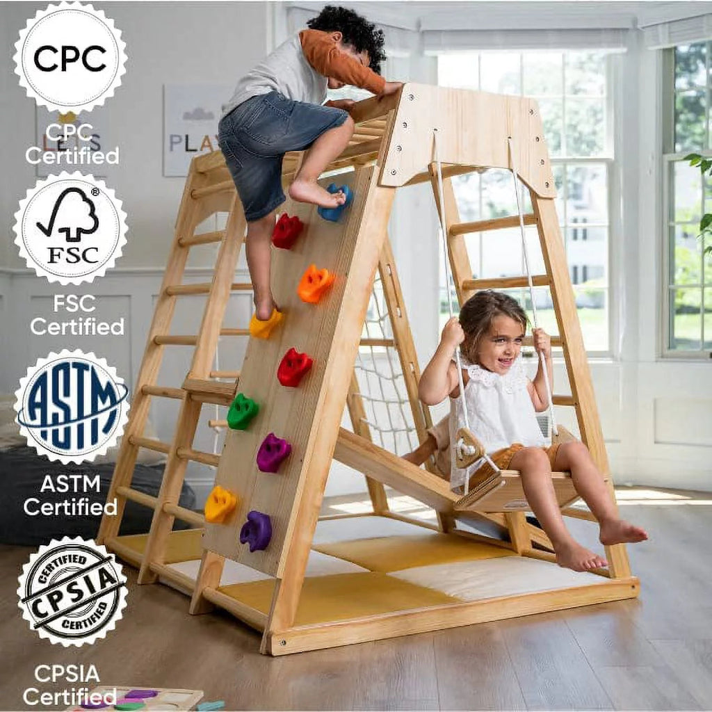 Avenlur Magnolia Indoor Playground 6-in-1 Jungle Gym Montessori Waldorf Style Wooden Climber Playset Slide, Rock Climbing Wall, Rope Wall Climber, Monkey Bars, Swing for Toddlers, Children Kids 2-8yrs