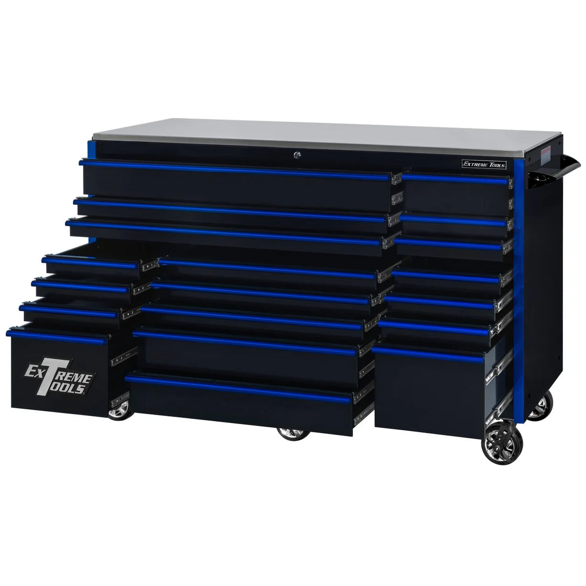 Extreme Tools RX250 Series 72-in x 30-in Roller Cabinet – 19-Drawer – 250 lb Drawer Slides