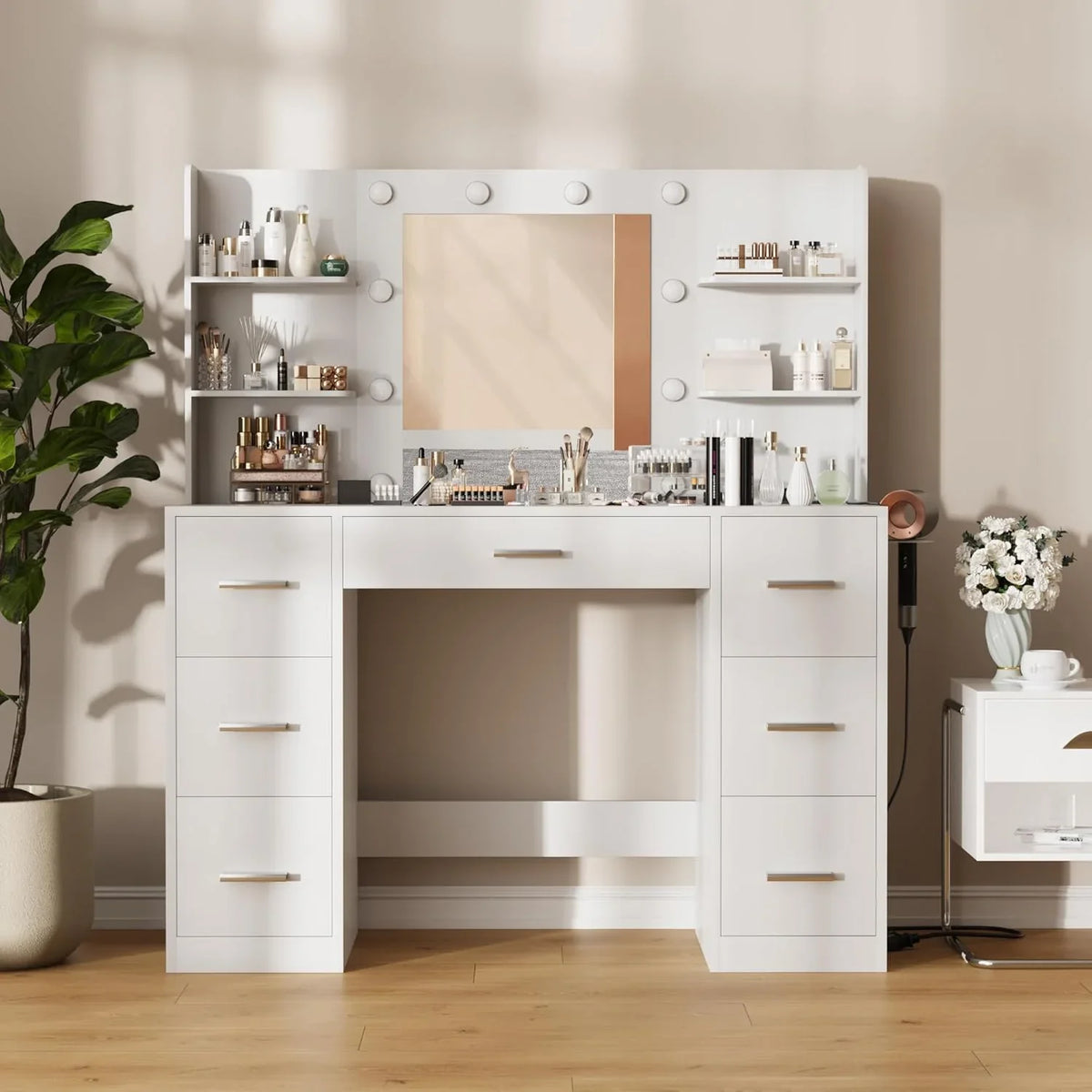 Vanity Desk with Mirror LED Lights and Power Outlet Makeup with 7 Drawers