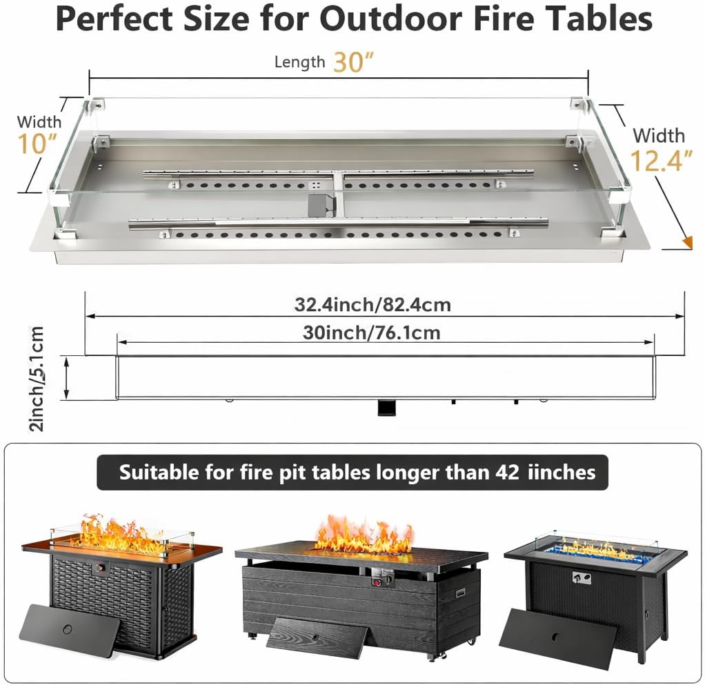 GRISUN Upgraded 30" x 10" Drop-in Fire Pit Kit with Glass Wind Guard & Lid, Linear Fire Pit Burner Pan, Stainless Steel Fire Pit Insert with Spark Ignition