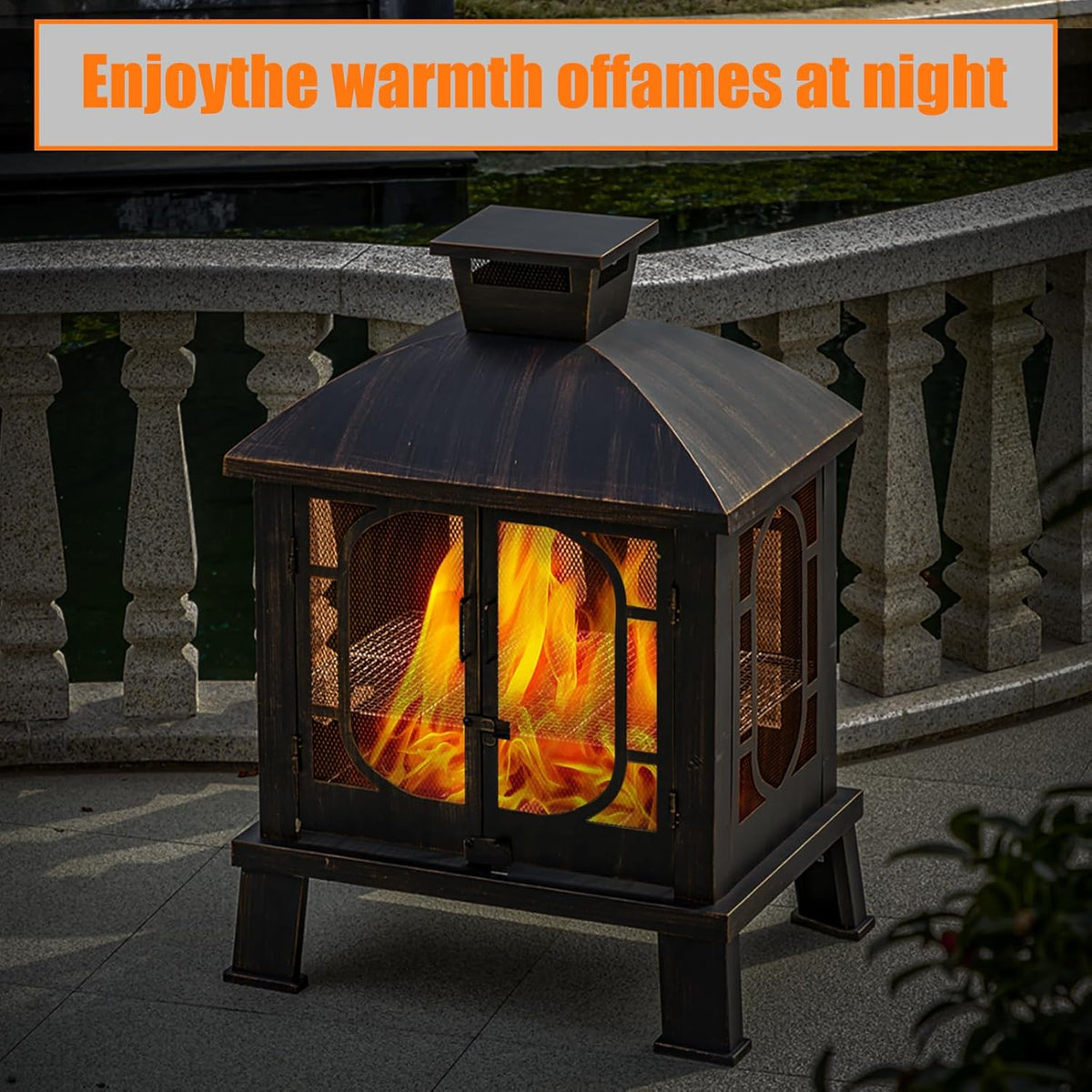 Panovue 45" H��31''W Metal Chiminea Fire Pit with Grill, Wood Burning Fire Pits for Outside,Square Chimineas Fireplace with Mesh Spark Screen Door& Fire Poker for Garden,Yard,BBQ,Bonfire (Black&Gold)