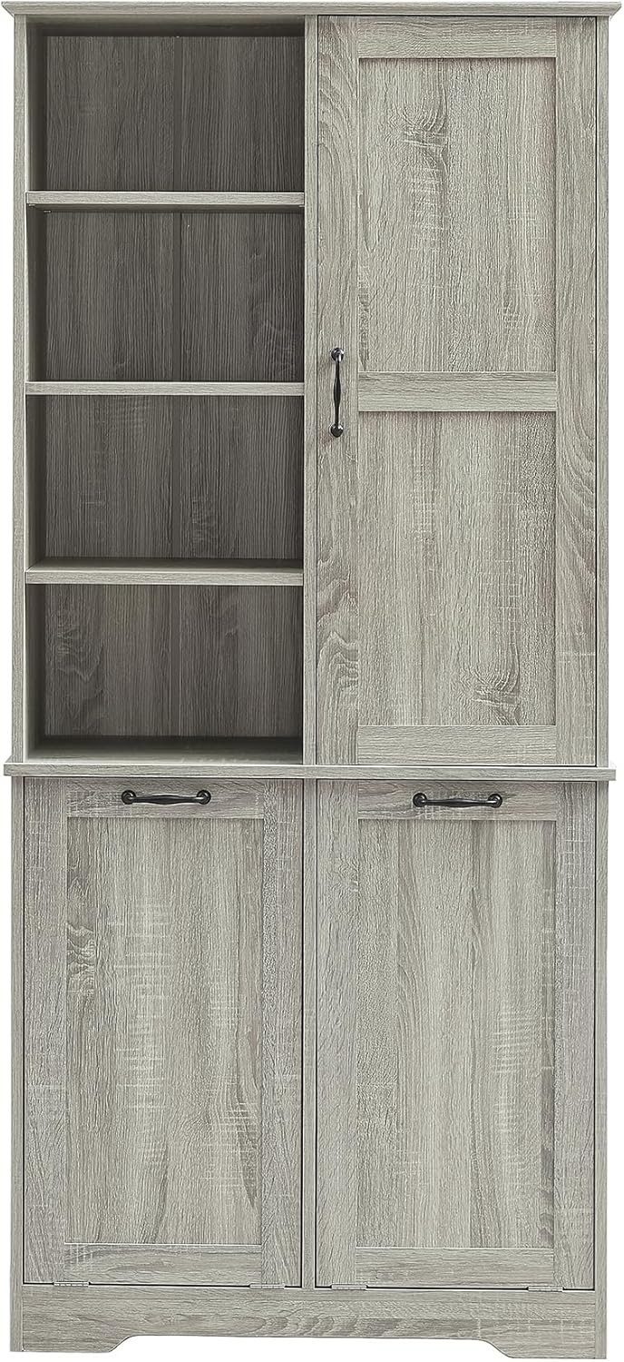 SOFTSEA 68" Double Tilt Out Laundry Hamper Cabinet, Tall Hidden Laundry Basket Cabinet with 3 Doors & Adjustable Shelf, Freestanding Bathroom Storage Cabinet for Laundry Room Kitchen, Wash Oak