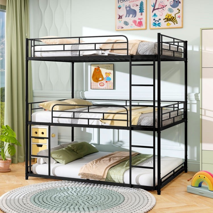 Metal Triple Bunk Bed with Safety Guardrails and 2 Ladders
