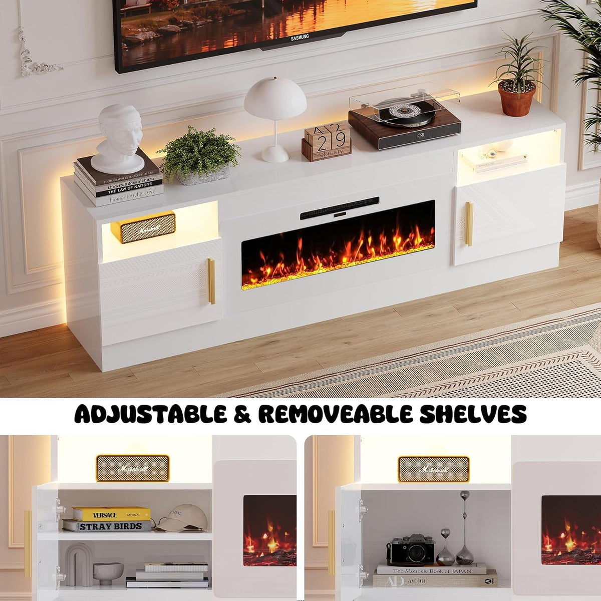Fireplace TV Stand with 36’’ Electric Fireplace, 70'' TV Media Entertainment Center with Fireplace Up to 80 inch,Modern LED TV Console with High Gloss Cabinet for Living Room