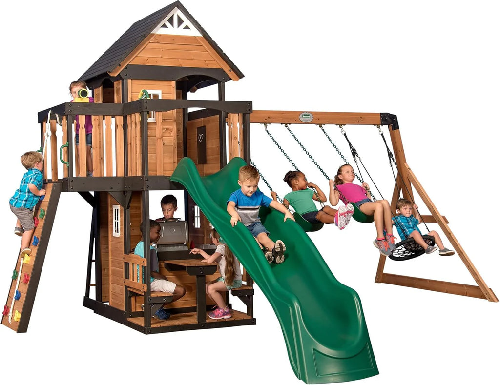 Backyard Discovery Canyon Creek Cedar Wood Swing Set with Wave Slide, Clubhouse, Play Kitchen, Picnic Area, Belt Swings, Web Swing, Rock Wall, Balconies, Playhouse, Step Ladder, Outdoor Playset