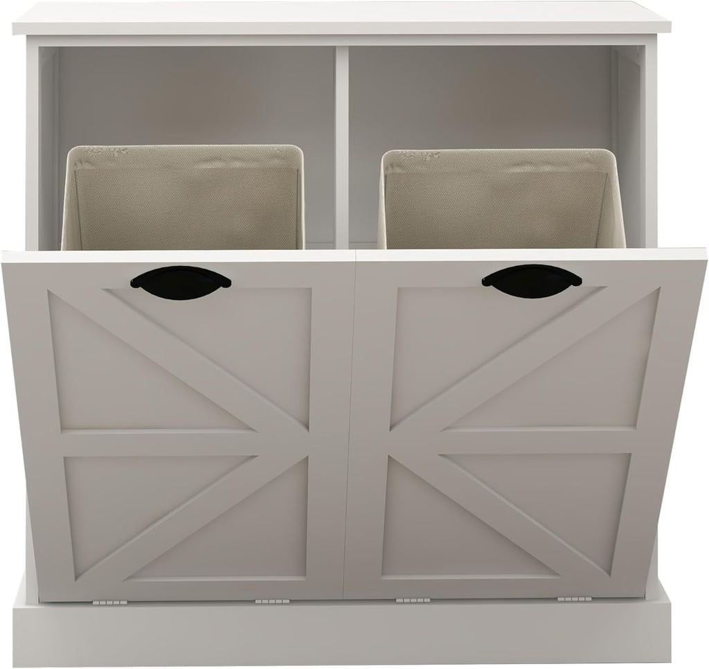 Tilt Out Laundry Sorter Cabinet with 2 Removable Liner Bags,Divided Laundry Hamper Cabinet with Semi-Circular Metal Handle and Barn Door for Space Saving (Style-01)