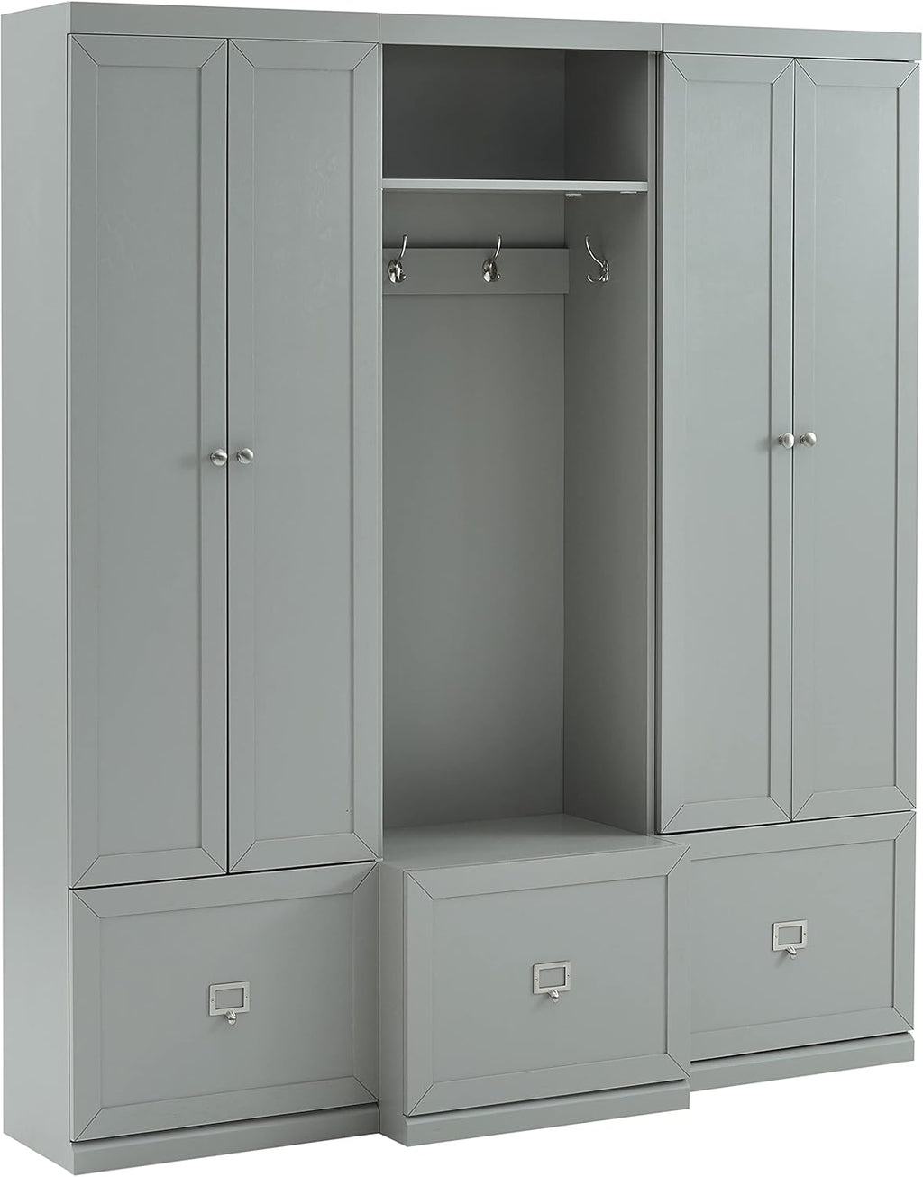 Crosley Furniture Harper 3-Piece Hall Tree and Storage Cabinet Set with Entryway Bench and Hooks for Hanging, Gray