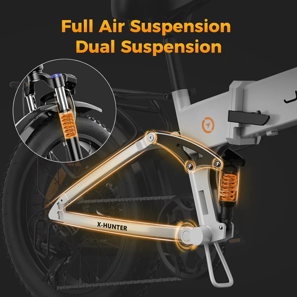 Jasion X-Hunter Electric Bike for Adults, 750W Motor Electric Bicycle with 48V 13AH Removable Battery, 20" x4.0 Fat Tire Folding Ebike, Full Suspension, 7-Speed Bicycles
