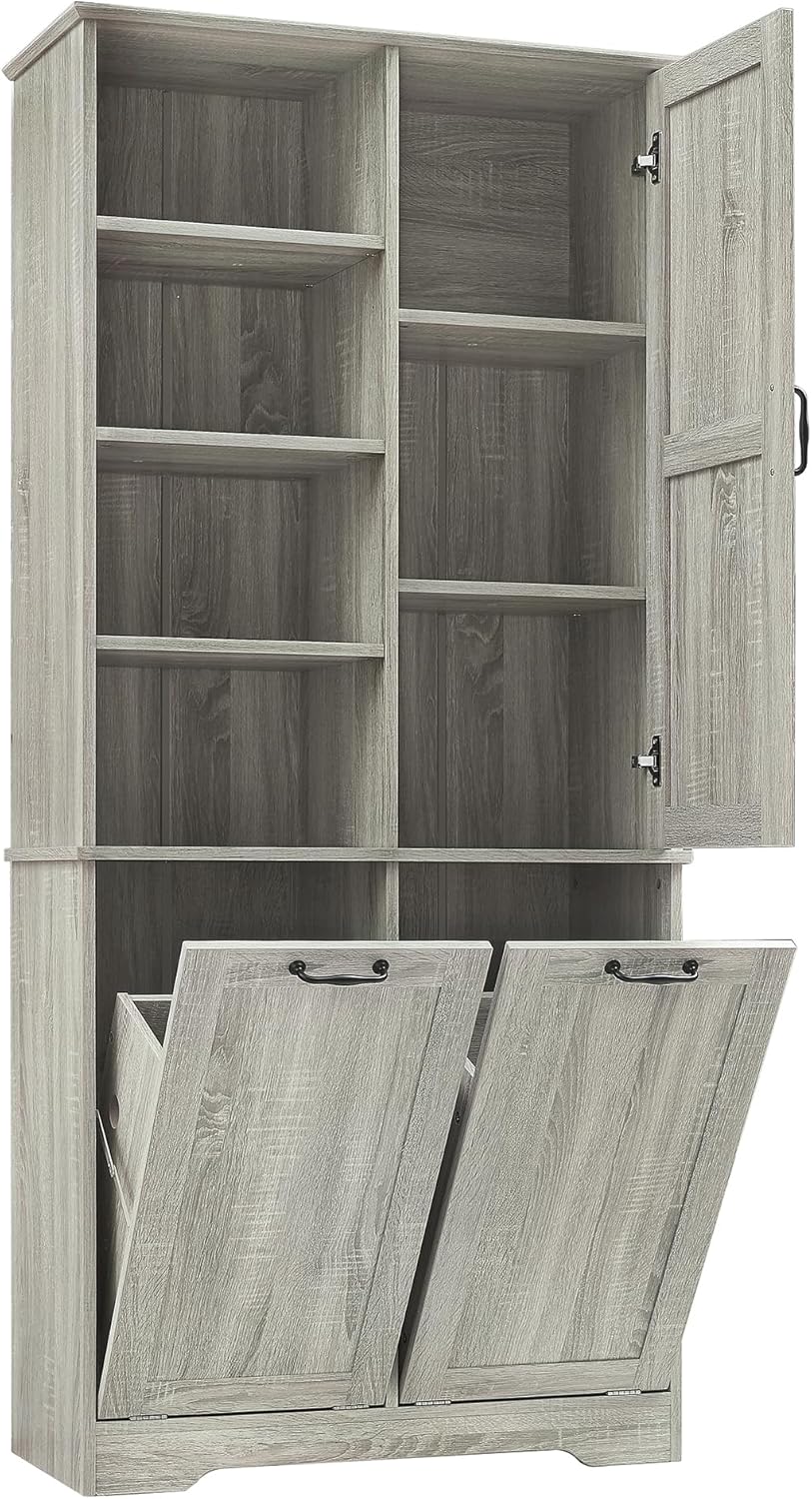 SOFTSEA 68" Double Tilt Out Laundry Hamper Cabinet, Tall Hidden Laundry Basket Cabinet with 3 Doors & Adjustable Shelf, Freestanding Bathroom Storage Cabinet for Laundry Room Kitchen, Wash Oak