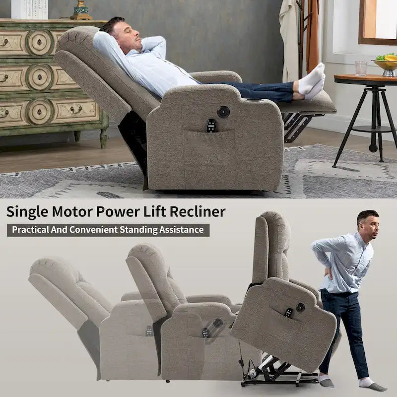 Lazy Boy Power Lift Recliner Chair, Modern Single Motor Massage Sofa Chair with Lumbar Heating, USB Charging Port, Cup Holders