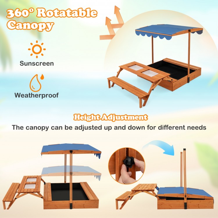 Kids Wooden Sand Box with Foldable Picnic Sensory Table and Bench