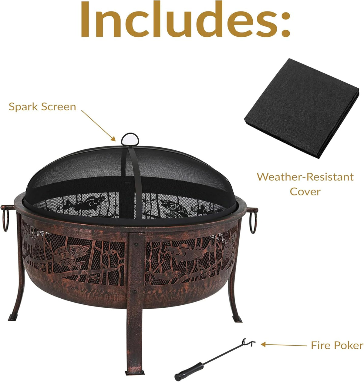 Sunnydaze 30-Inch Fire Pit with Spark Screen, Water-Resistant Cover, Metal Grate, and Fireplace Poker - Northwoods Fishing