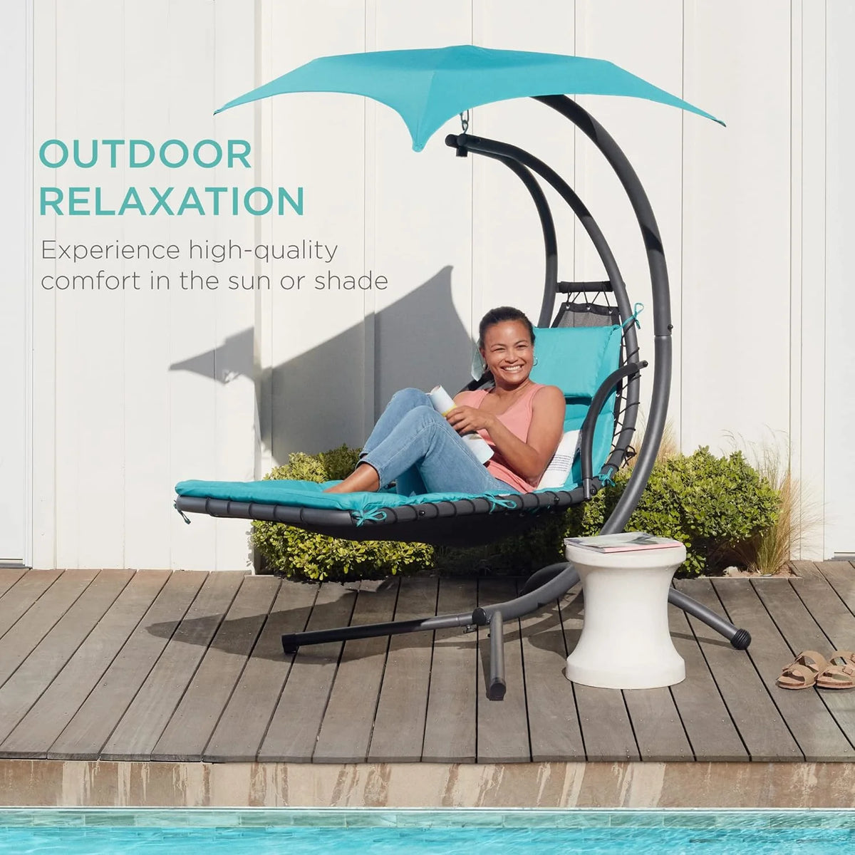 Best Choice Products Outdoor Hanging Curved Steel Chaise Lounge Chair Swing w/Built-in Pillow and Removable Canopy - Charcoal Gray