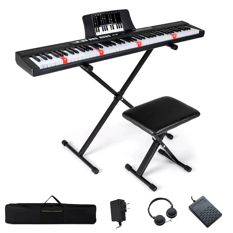 88 Key Electric Piano Keyboard Set with Adjustable Stand & Stool, Lighted Full Size Sensitive Keys, Sustain Pedal, Portable Bag for Beginners