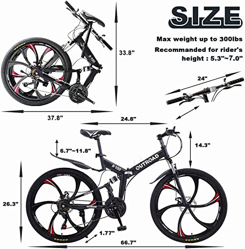 Outroad Folding Mountain Bike 26 Inch for Adult, 21-Speed Dual Suspension MTB Foldable Bicycle