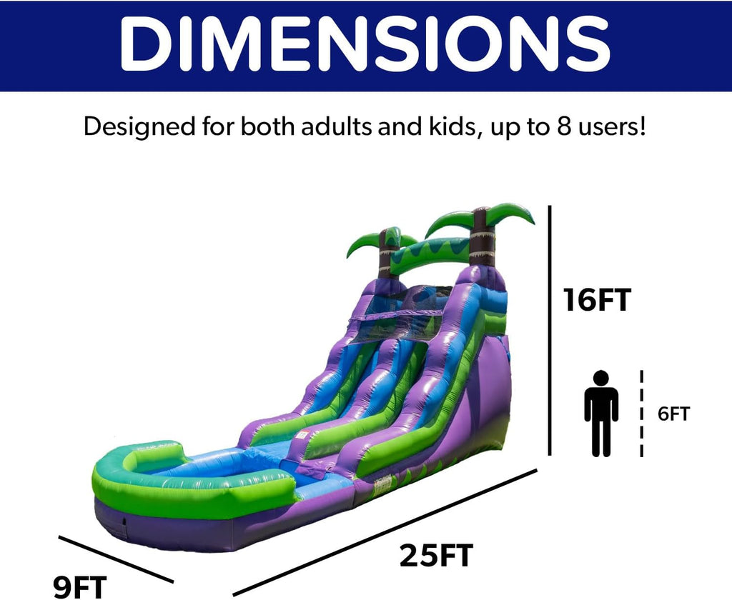 HeroKiddo 16�� Purple Tropical Lightweight Premium Commercial Grade Water Slide Inflatable with Attached Pool for Kids and Adults (with Blower), Wet Dry Use, Summer Fun