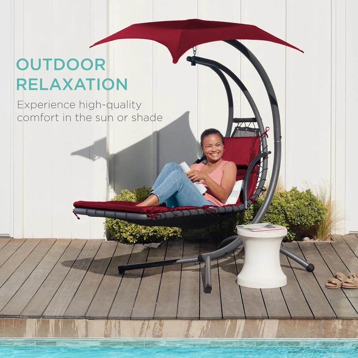 Best Choice Products Outdoor Hanging Curved Steel Chaise Lounge Chair Swing w/Built-in Pillow and Removable Canopy - Charcoal Gray
