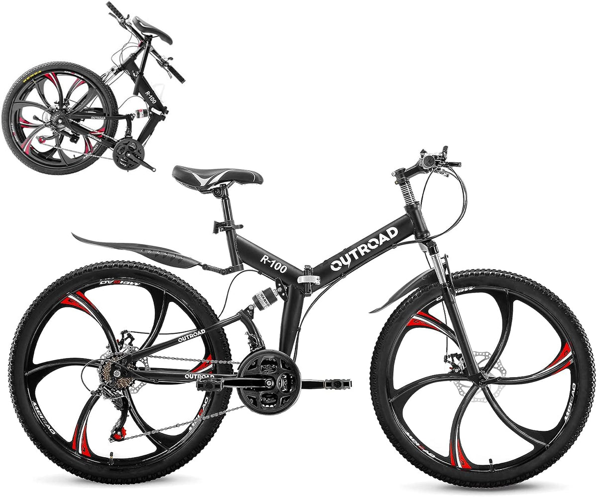 Outroad Folding Mountain Bike 26 Inch for Adult, 21-Speed Dual Suspension MTB Foldable Bicycle