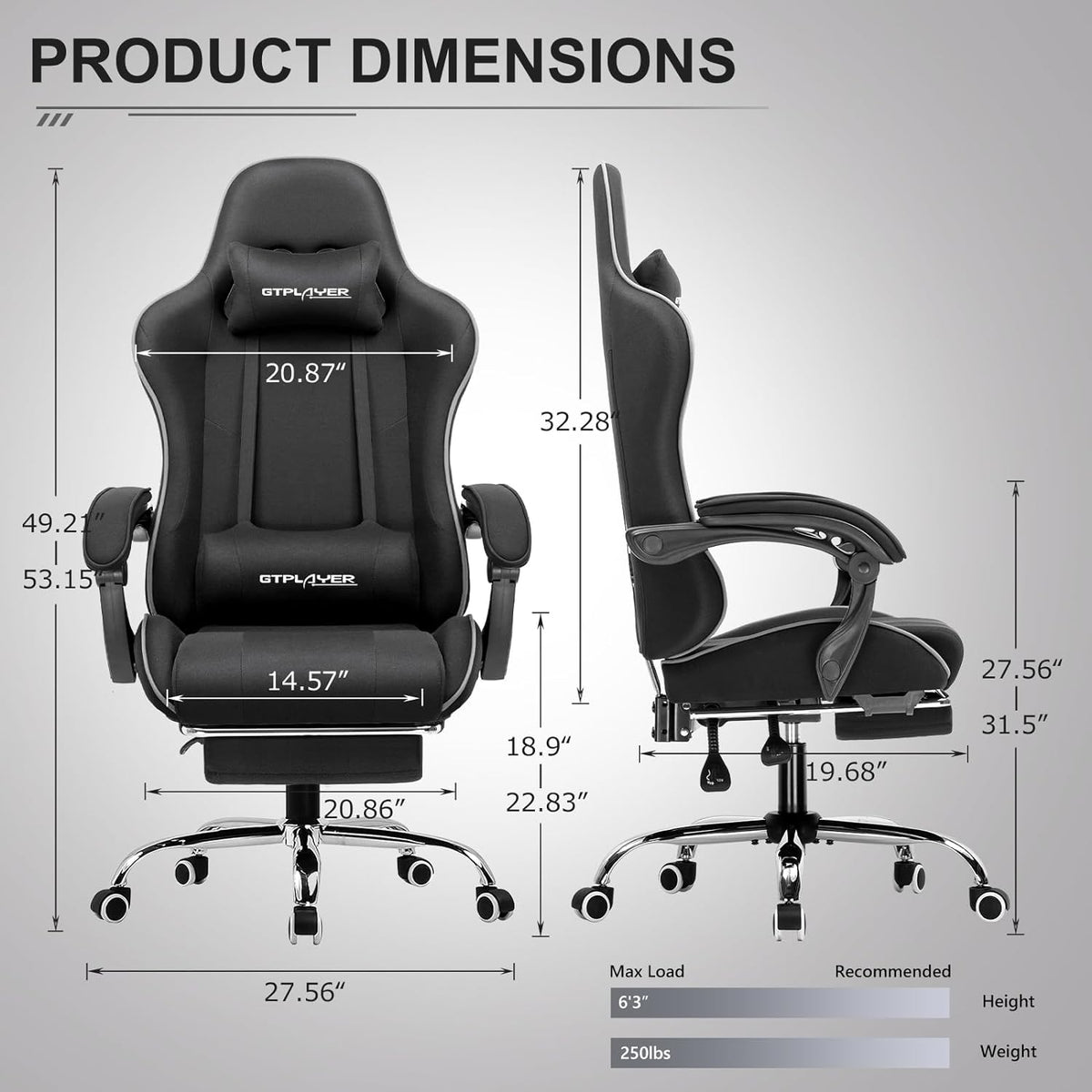 GTPLAYER Gaming Chair, Computer Chair with Footrest and Lumbar Support, Height Adjustable Game Chair with 360  -Swivel Seat and Headrest and for Office or Gaming (White)