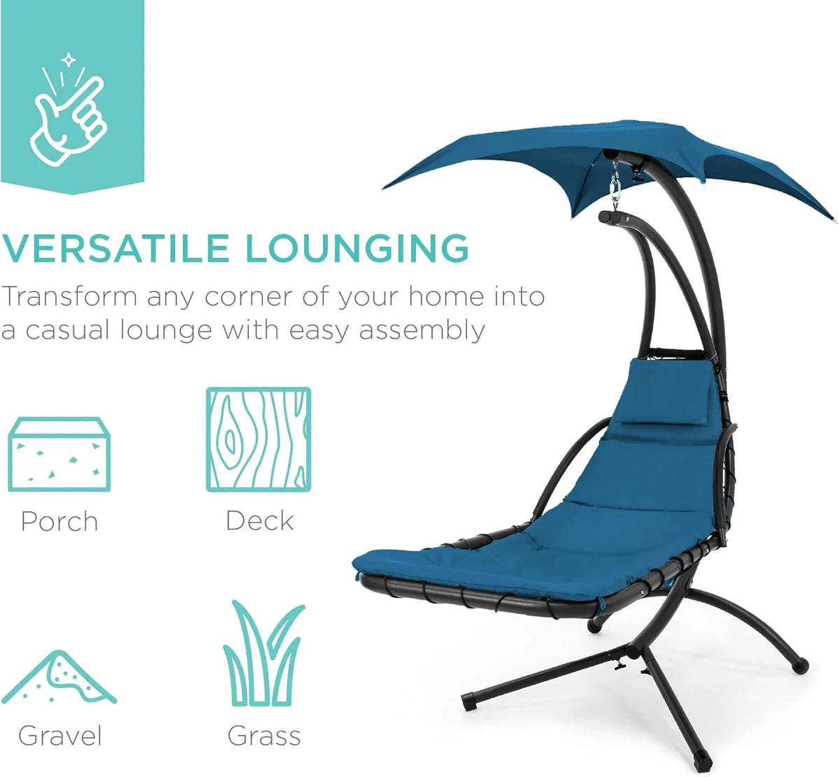 Best Choice Products Outdoor Hanging Curved Steel Chaise Lounge Chair Swing w/Built-in Pillow and Removable Canopy - Charcoal Gray