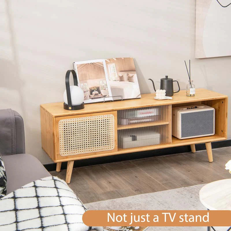 Mid Century Modern TV Stand for TVs up to 55", Bamboo Entertainment Center Media Console with Rattan & Glass Sliding Doors, Adjustable Shelf