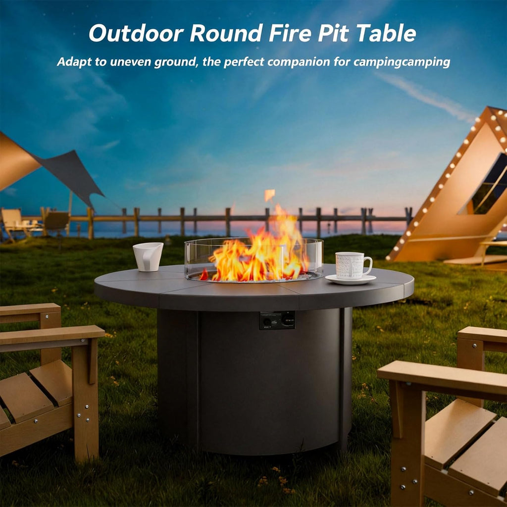48" Round Propane Fire Pit,Steel Tabletop Fire Pit w Lava Rocks,55000 BTU Auto-Ignition CSA Certified Gas Fire Pits with Lid & Windproof Glass for Outdoor,Patio,Backyard