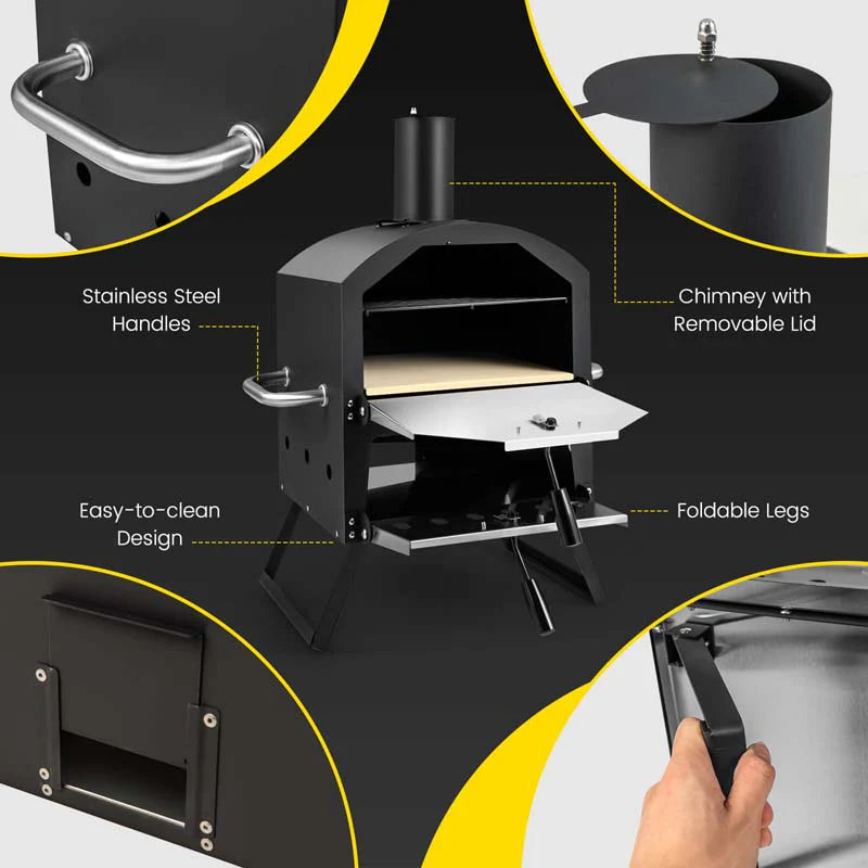 2-Layer Outdoor Pizza Oven Wood Fired for Camping BBQ, Stainless Steel Portable Grill Pizza Maker with Folding Legs