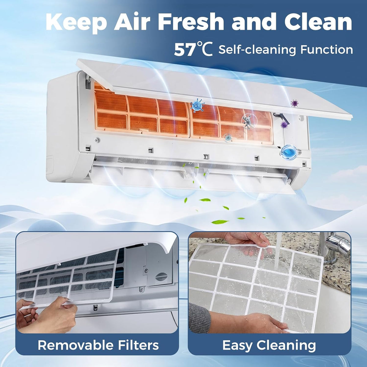 TANGZON 24000 BTU Air Conditioner Wall Split, 5 in 1 Air Conditioning Unit Heater Dehumidifier Air Purifier Fan with Heat Pump, Remote & Installation Kit, A++ Rating, Inverter, Wall AC Unit for 139㎡