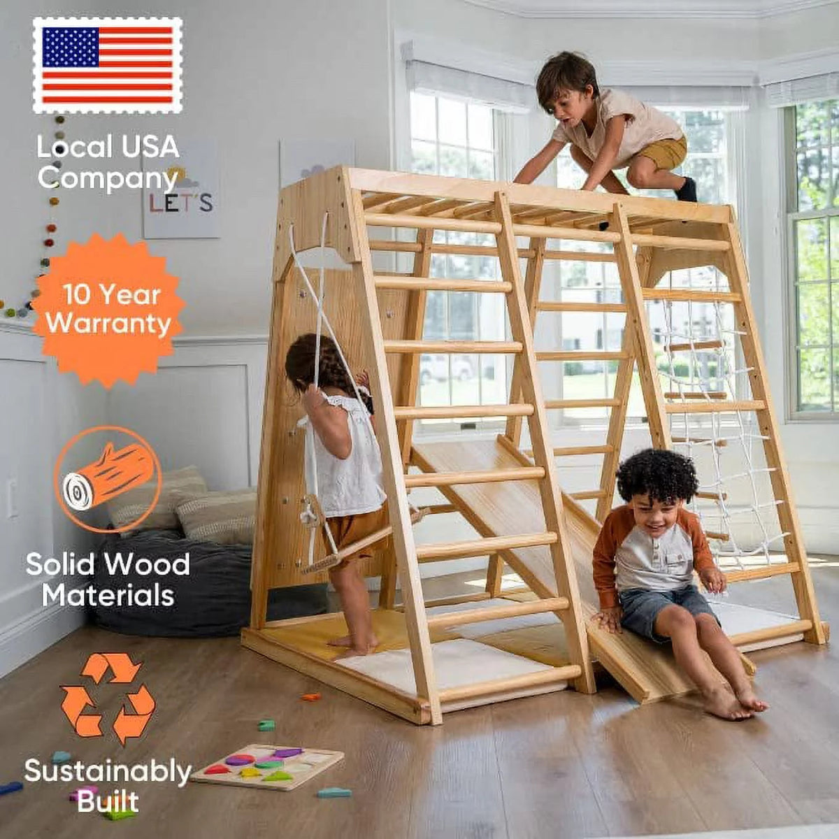 Avenlur Magnolia Indoor Playground 6-in-1 Jungle Gym Montessori Waldorf Style Wooden Climber Playset Slide, Rock Climbing Wall, Rope Wall Climber, Monkey Bars, Swing for Toddlers, Children Kids 2-8yrs