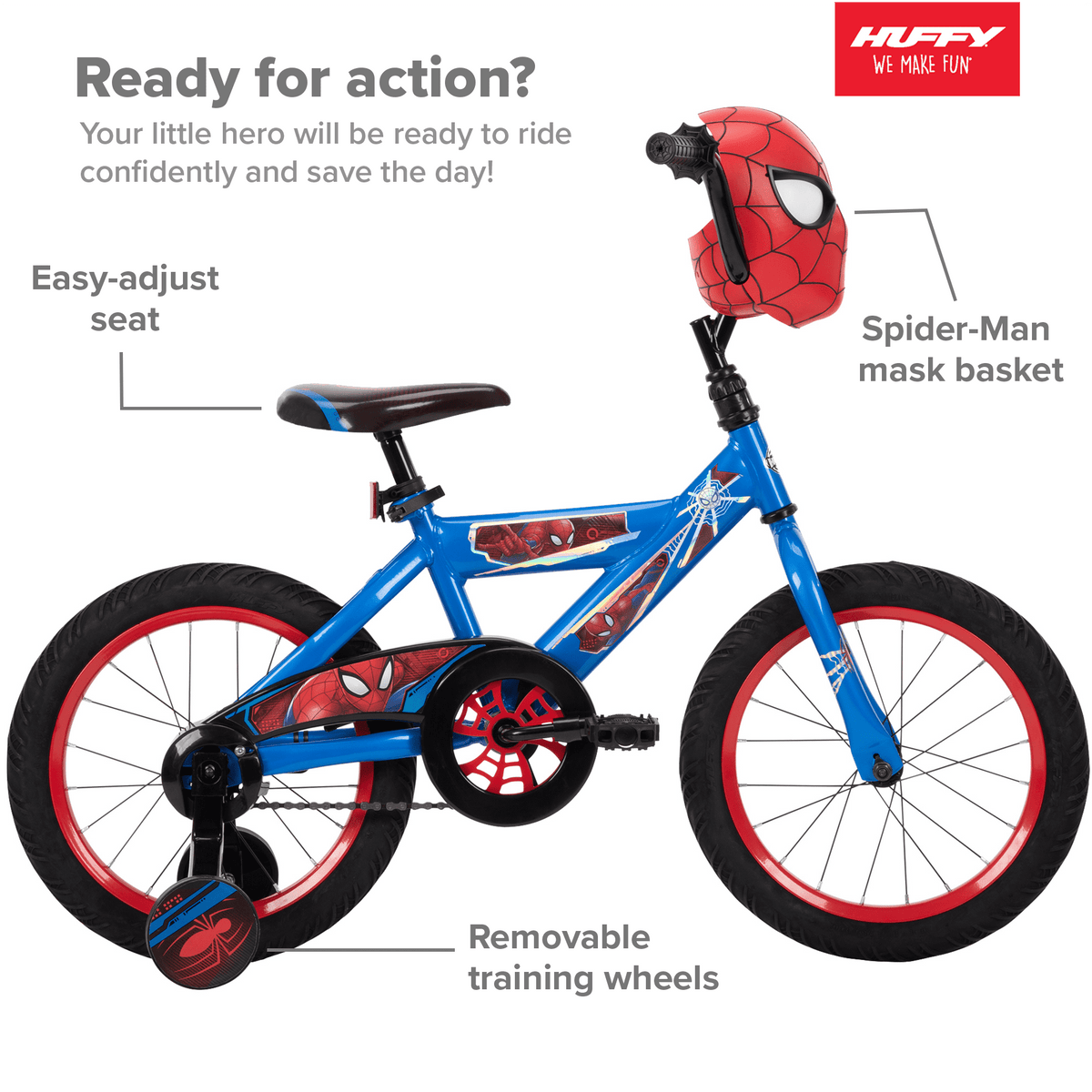 Huffy Marvel Spider-Man Kids Bike, 16��� Wheels, Ages 3+, Training Wheels, Steel Frame, Coaster Brake