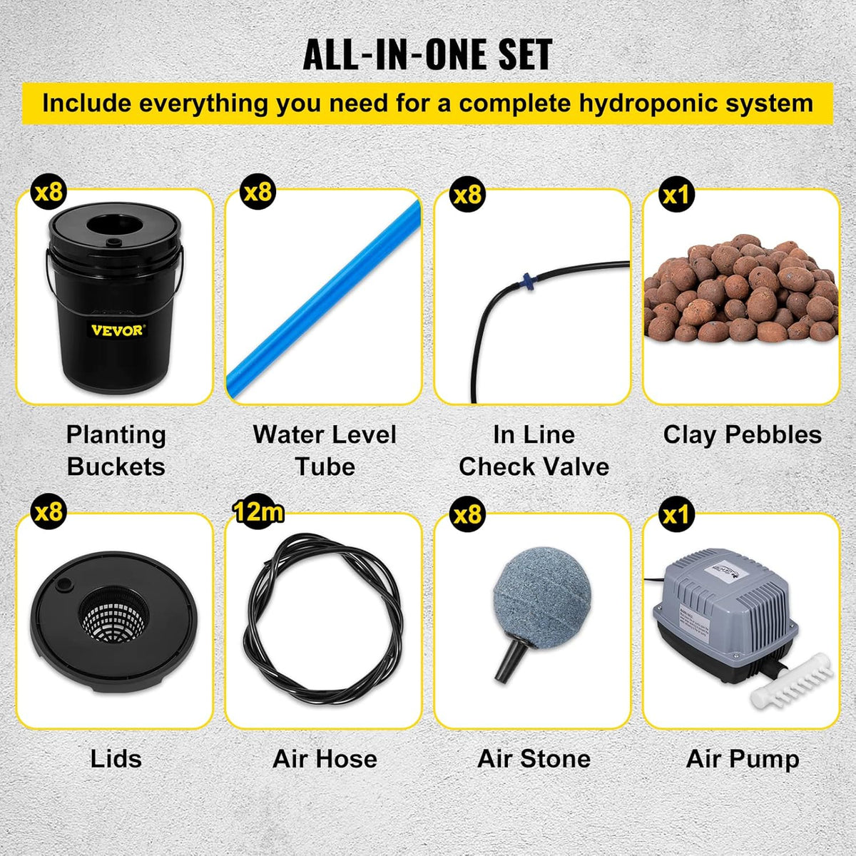 VEVOR DWC Hydroponic System  5 Gallon 8 Buckets  Deep Water Culture Growing Bucket  Hydroponics Grow Kit with Pump  Air Stone and Water Level Device  for Indoor/Outdoor Leafy Vegetables