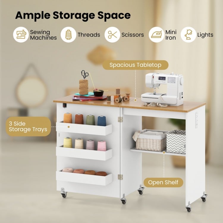 Sewing Machine Table with Charging Station and Lockable Casters