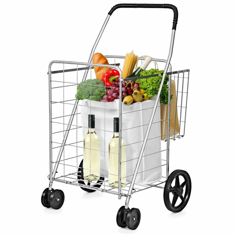 Jumbo Folding Shopping Cart Large Rolling Grocery Utility Cart with Double Basket & 360° Swivel Wheels