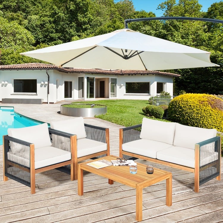 4 Pieces Wood Outdoor Patio Furniture Set with Cushions for Garden