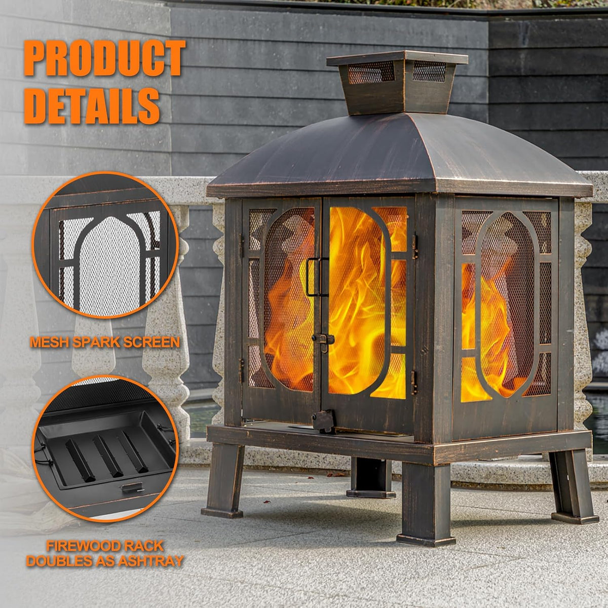 Panovue 45" H��31''W Metal Chiminea Fire Pit with Grill, Wood Burning Fire Pits for Outside,Square Chimineas Fireplace with Mesh Spark Screen Door& Fire Poker for Garden,Yard,BBQ,Bonfire (Black&Gold)
