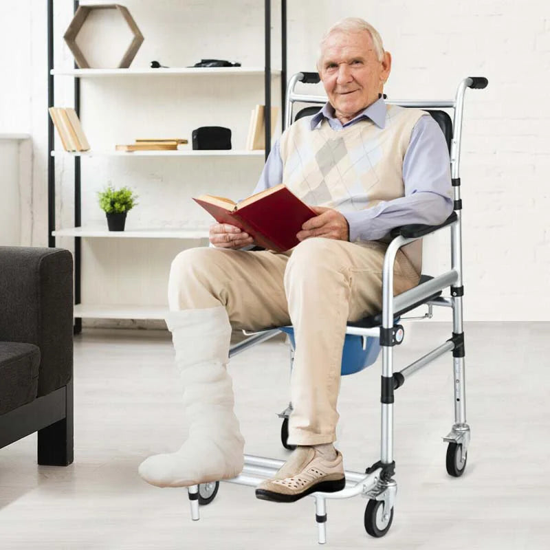 2-in-1 Foldable Shower Commode Wheelchair, Aluminum Alloy Transport Chair Toilet Bedside Wheelchair with Commode
