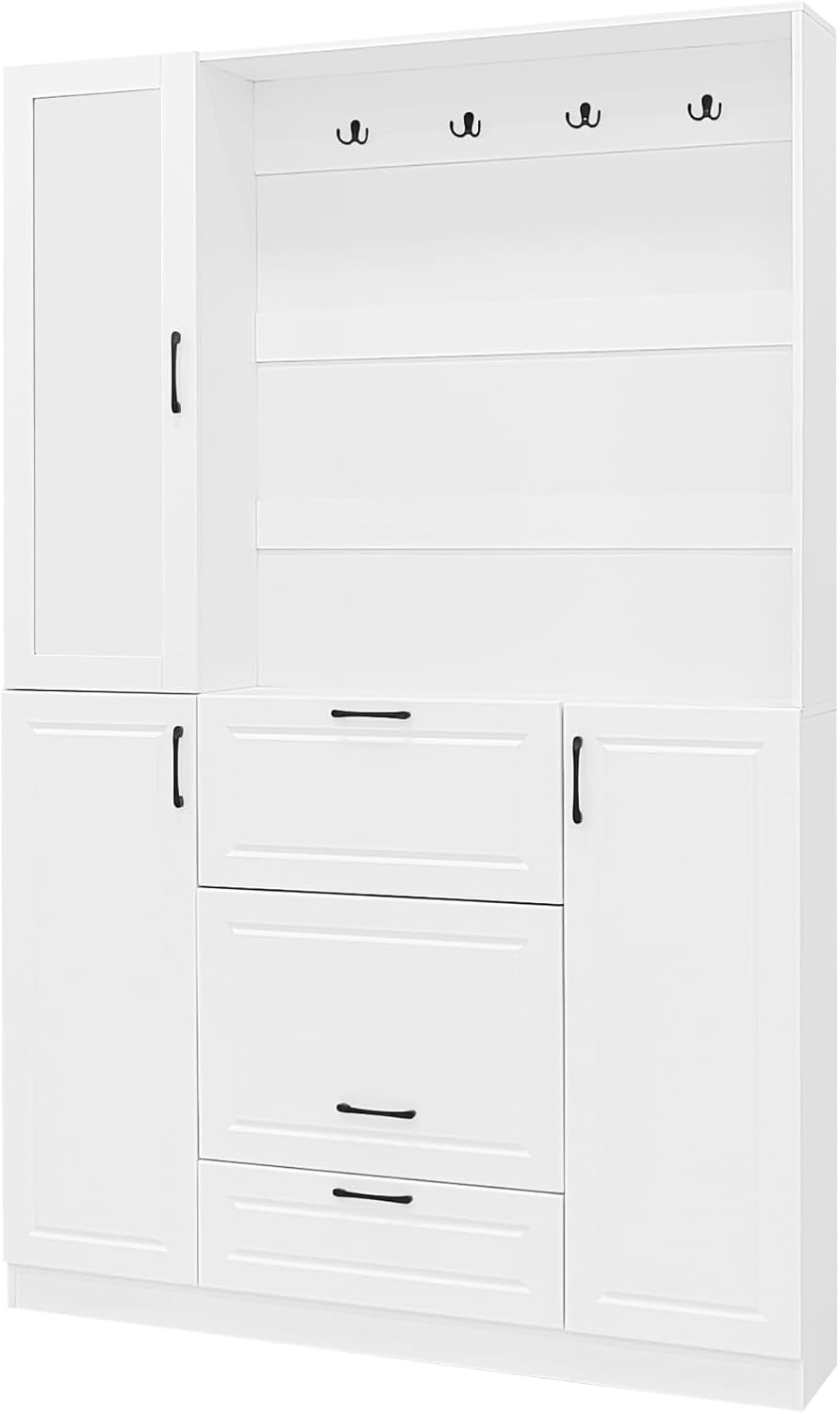 51.1''Hall Tree, Entryway Bench with Integrated Shoe Cabinet,3-in-1 Design, Mirrored Cabinet Door and Foldable Seat for Entrance, Living Room