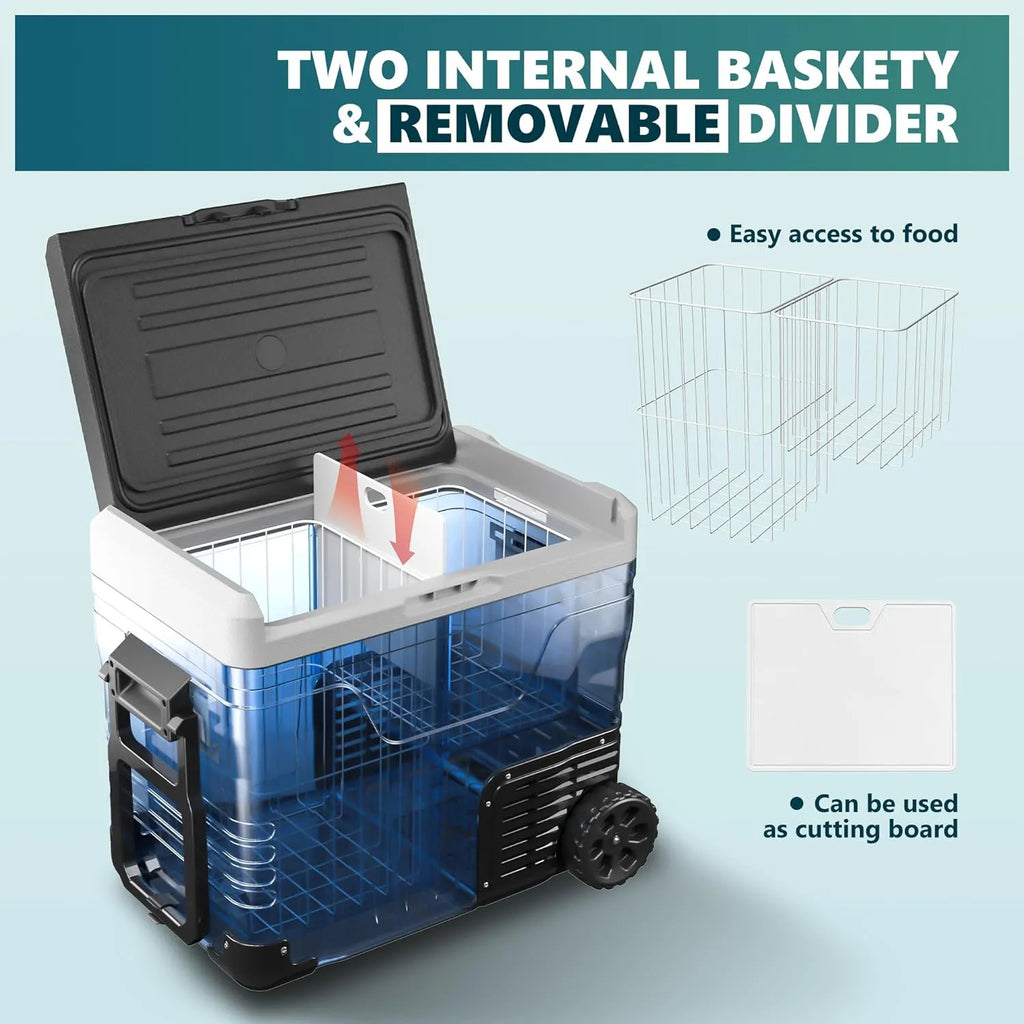 12 Volt Refrigerator, 53QT(50L) Electric Cooler, Portable Freezer 12V/24V DC 110-240V AC, 12V Fridge -4�H~68�H, 12V Cooler with Wheels & 2 Baskets for Travel, Truck, Boat, Camping