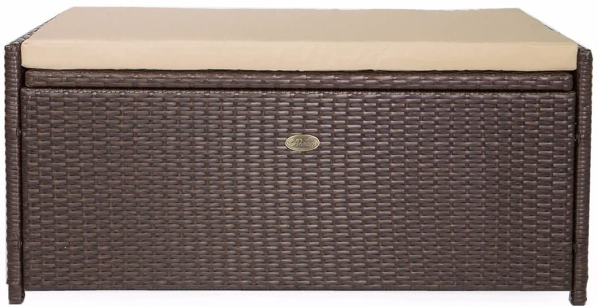 Outdoor Storage Bench Rattan Style Deck Box Wicker Patio Furniture Water Resistance w/Seat Cushion, 60-Gallon, Brown