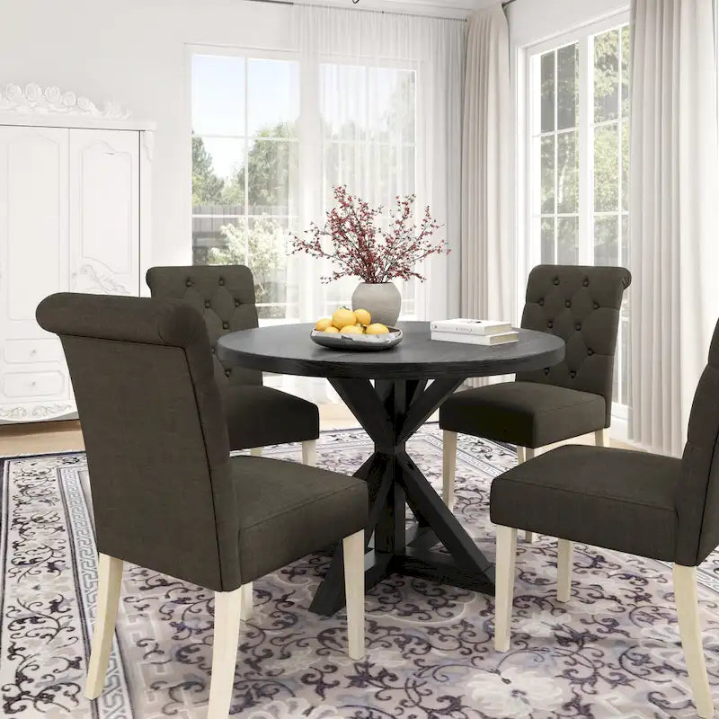 5 Piece Dining Table Set, Wooden Kitchen Furniture Set, Round Table with Cross-Buck Pedestal Base and 4 Tufted Chairs