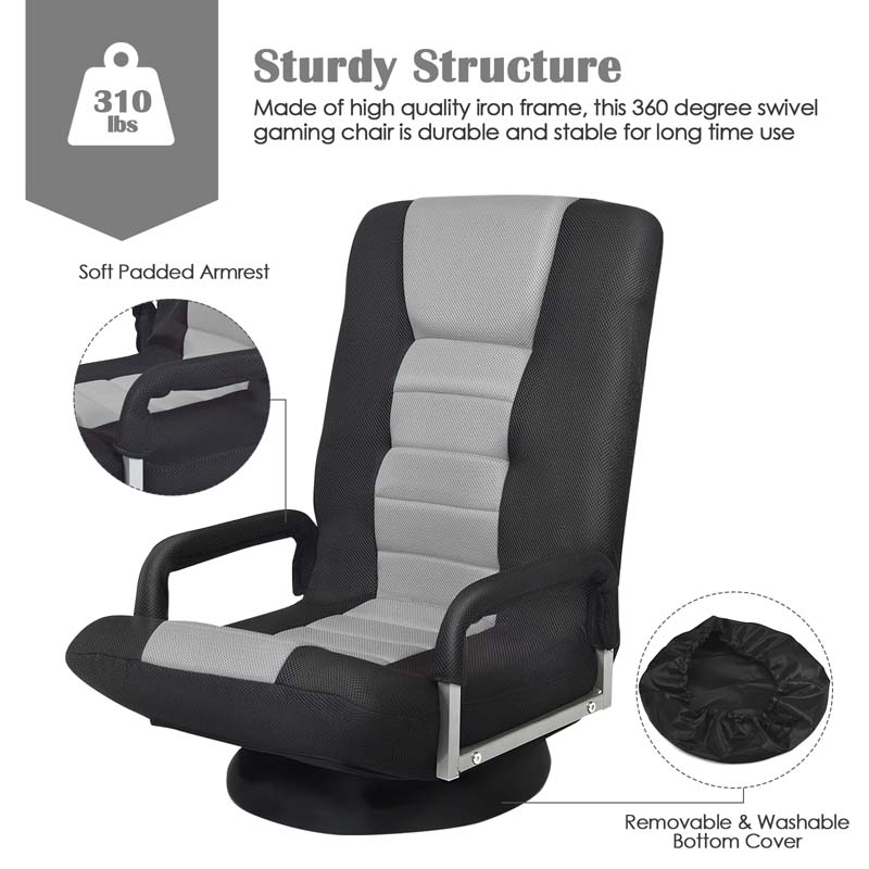 360�� Swivel Floor Gaming Chair, 6-Position Adjustable Folding Floor Chair Recliner, Breathable Mesh Fabric Lazy Soft Sofa