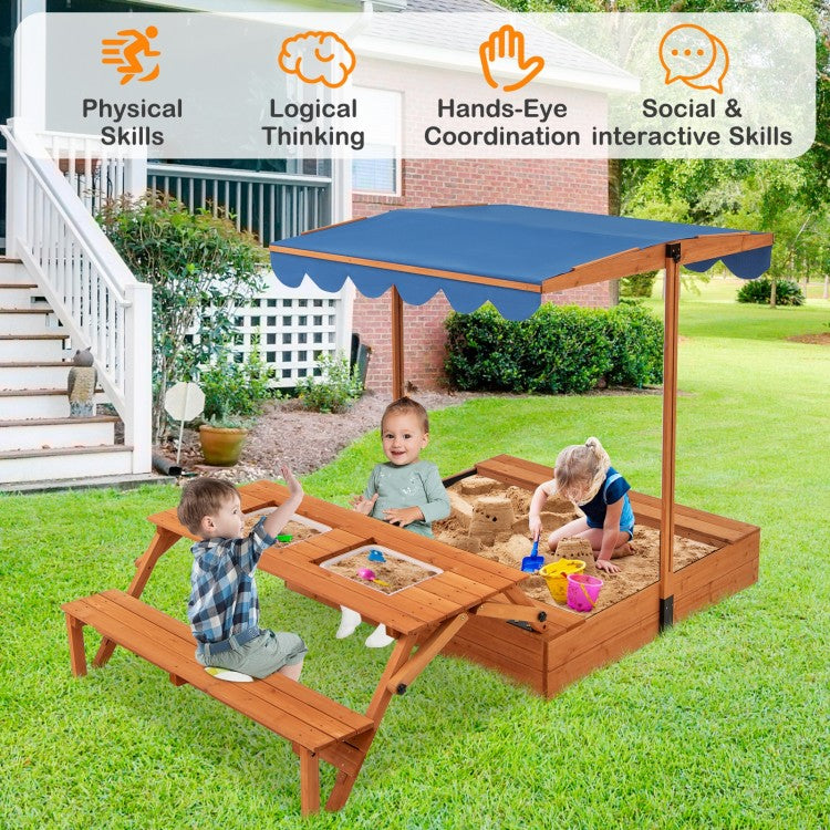 Kids Wooden Sand Box with Foldable Picnic Sensory Table and Bench